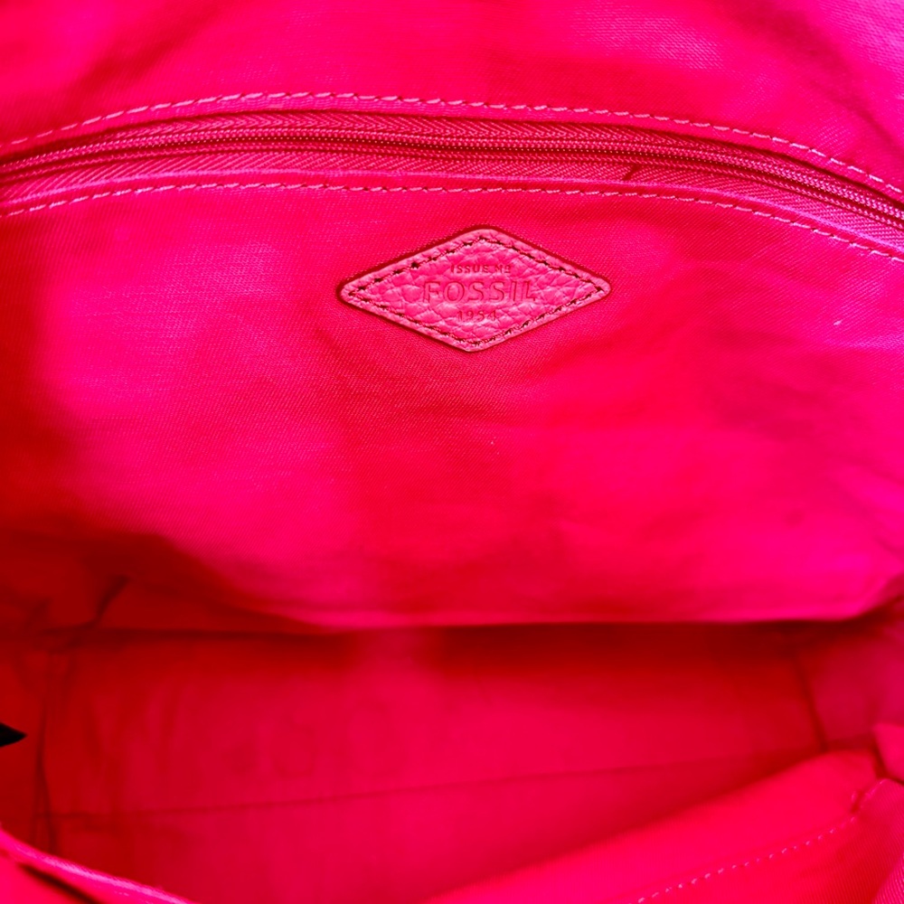 Fossil Sydney Pink Pebbled Leather Zip Tote Brown Trim - Picture 6 of 6